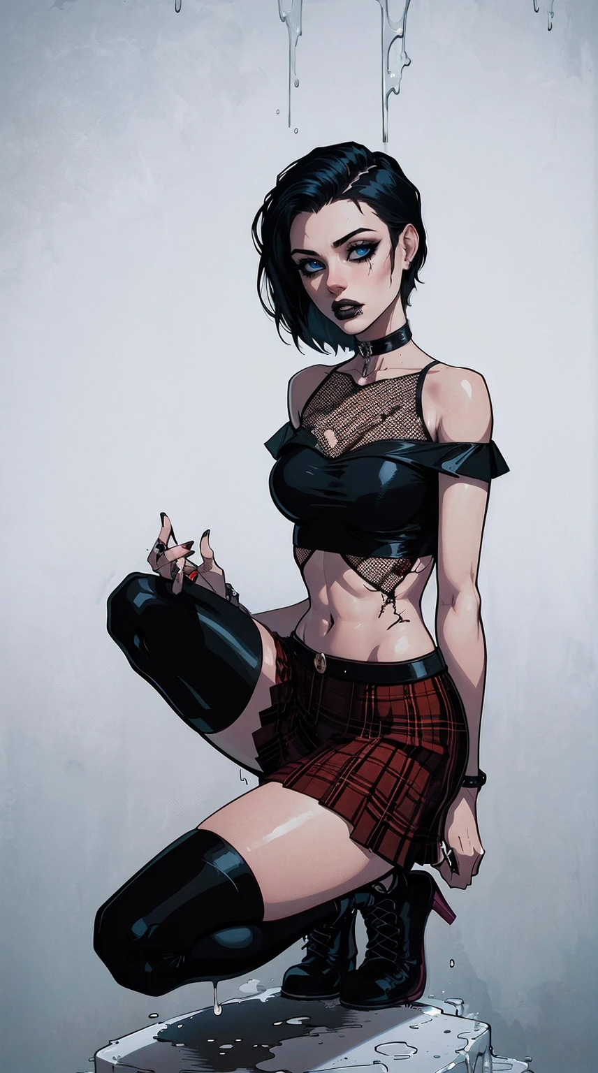 a woman with short black hair, hair on shoulders,  wearing a black cropped  and plaid skirt, blue eyes, zombie art, gothic art, cute aesthetic with vibe, toon aesthetic, wearing red costume, wearing gothic accessories, look like Cassie Hack, whole body, on his knees  ,on his knees holding a skull in his hand, white background