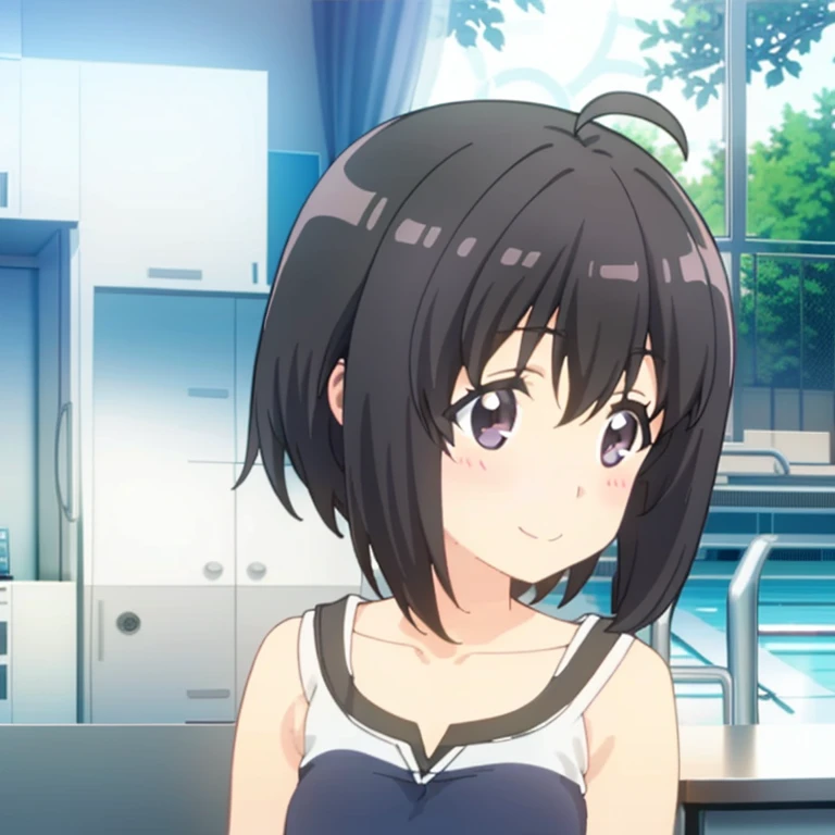 Bofri Maple , black hair, short hair, bangs, purple eyes, whole body, alone, 1 girl,school swimwear indoor pool,smile,blush