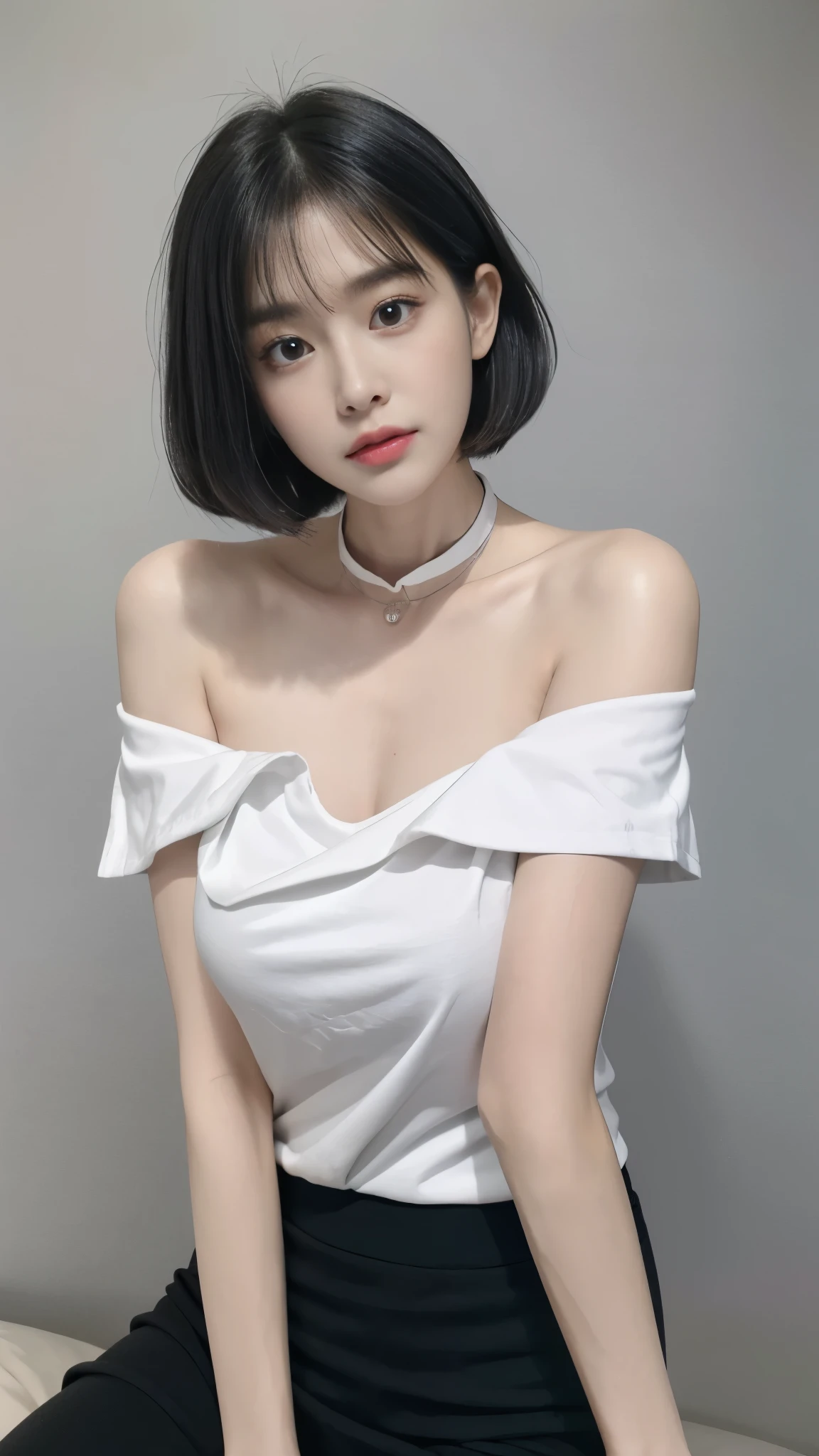 top-quality、超A high resolution、(Photorealsitic:1.4)、1人、Off-shoulder white shirt、Black tight skirt、Black choker、(faded ash gray hair:1)、bob cuts、Slouched、(huge-breasted:1.2)、looking at viewert、a closeup、