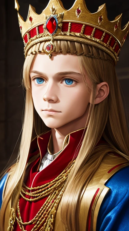 RAW photos, Medieval portrait of the 12th king of Denmark, boy with long hair, dressed like a king, (very detailed clothes), Wearing a golden crown with red jewels, very handsome, (highly detailed crown), pale skin, slim body, (medieval palace background), (highly detailed skin: 1.2), 32krd, DSLR, soft lighting, high quality, film grain, Fujifilm XT3
