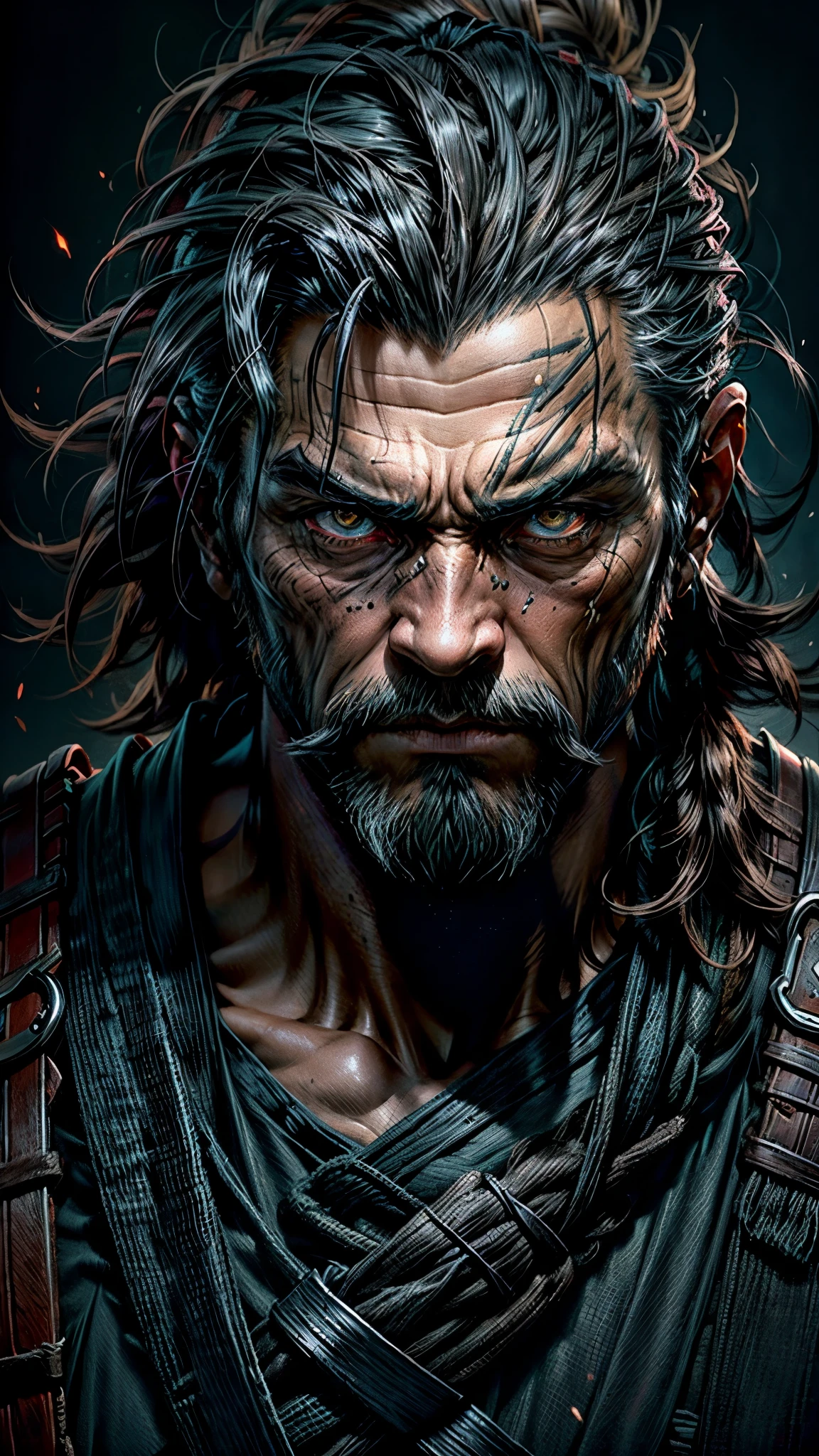 Create a character concept in manga style for a story about demon hunters. The character lost one of their eyes in a demon attack and now only has a scar where the eye used to be.