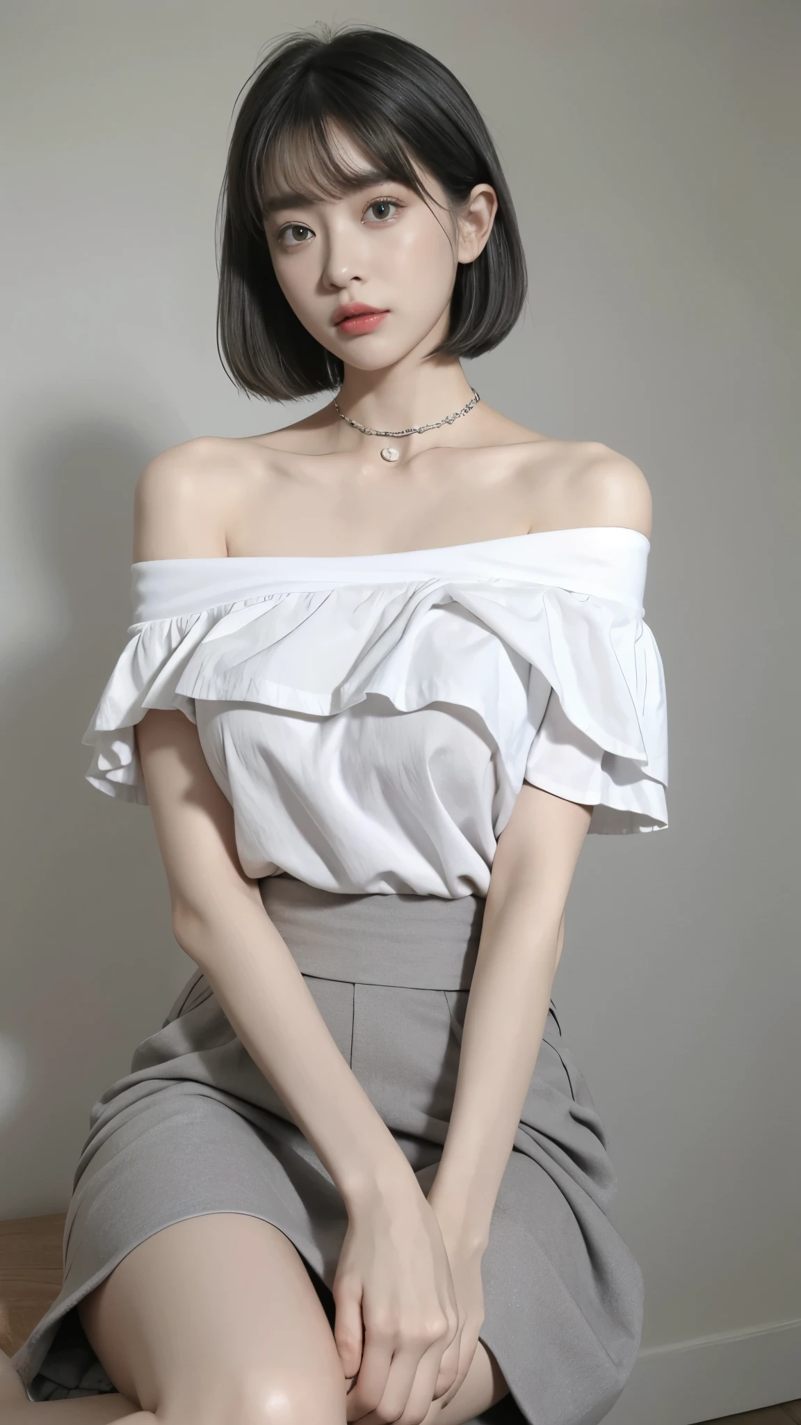 top-quality、超A high resolution、(Photorealsitic:1.4)、1人、Off-shoulder white shirt、Black tight skirt、Black choker、(faded ash gray hair:1)、bob cuts、Slouched、(huge-breasted:1.2)、looking at viewert、a closeup、