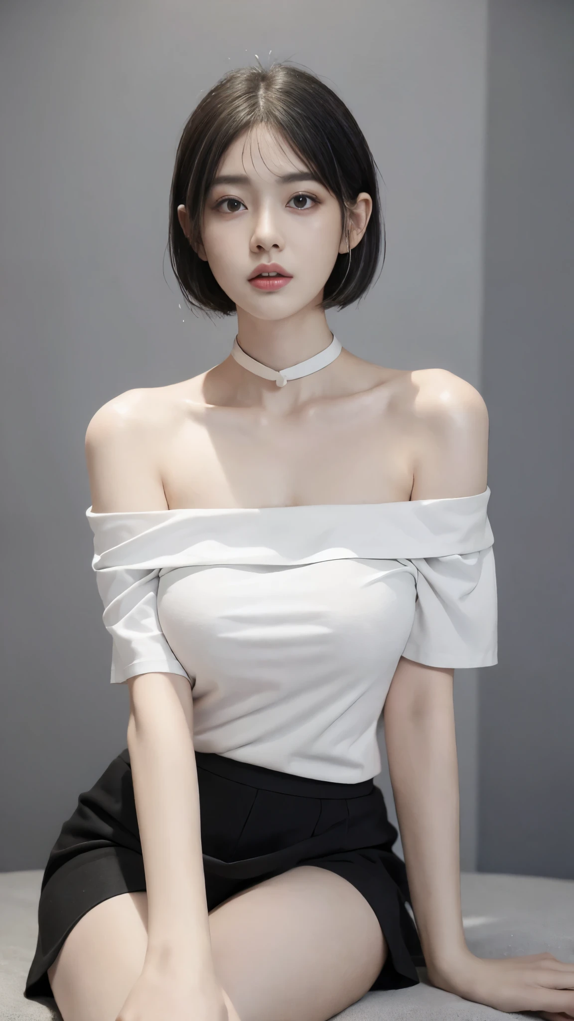 top-quality、超A high resolution、(Photorealsitic:1.4)、***1人、Off-shoulder white shirt、Black tight skirt、Black choker、(faded ash gray hair:1)、bob cuts、Slouched、(huge-breasted:1.2)、looking at viewert、a closeup、