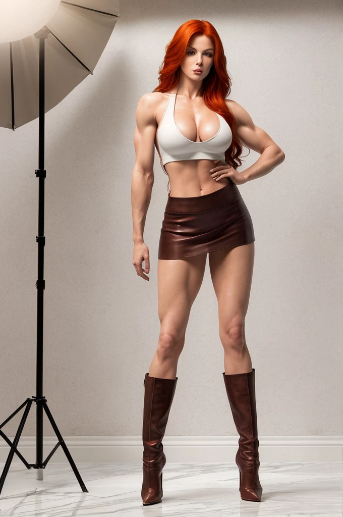 Realistic photo with strong frontal lighting, in a very bright photo studio with marble floors. White flat wall background. Redhead model with a muscular full body, hourglass style, with full breasts in a low-cut top, defiant appearance in a short skirt and leather boots with high stiletto heels.