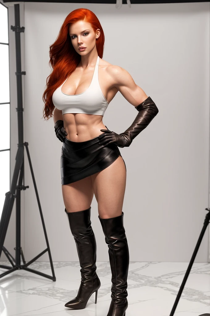 Realistic photo with strong frontal lighting, in a very bright photo studio with marble floors. White flat wall background. Redhead model with a muscular full body, hourglass style, with full breasts in a low-cut top, defiant appearance in a short skirt and leather boots with high stiletto heels.