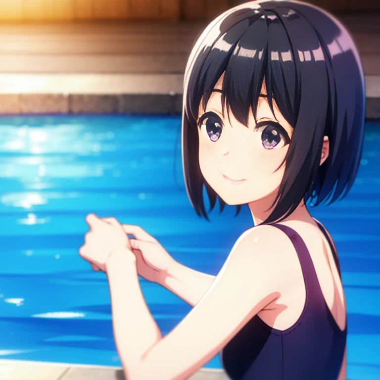 Bofri Maple , black hair, short hair, bangs, purple eyes, whole body, alone, 1 girl,school swimwear indoor pool,smile,blush