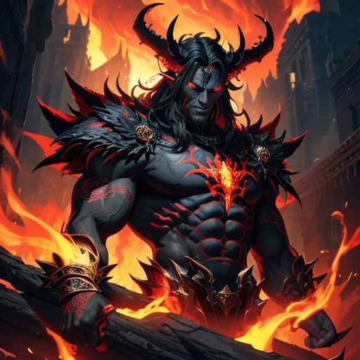 An intricately detailed masterpiece of an adult male demon, com olhos vermelhos penetrantes e dentes afiados, adorned with intricate tattoos covering his muscular physique, accompanied by his faithful hellhound companion, na grandeza do seu castelo de fogo. The demon&#39;s horns curve elegantly, your skin glowing with an unearthly glow under the red sky, aumentando a aura sinistra, mas cativante da cena. O denso, demon domain dark foliage painting background, with flickering flames casting long, dramatic shadows that add depth and mystery to the masterpiece.