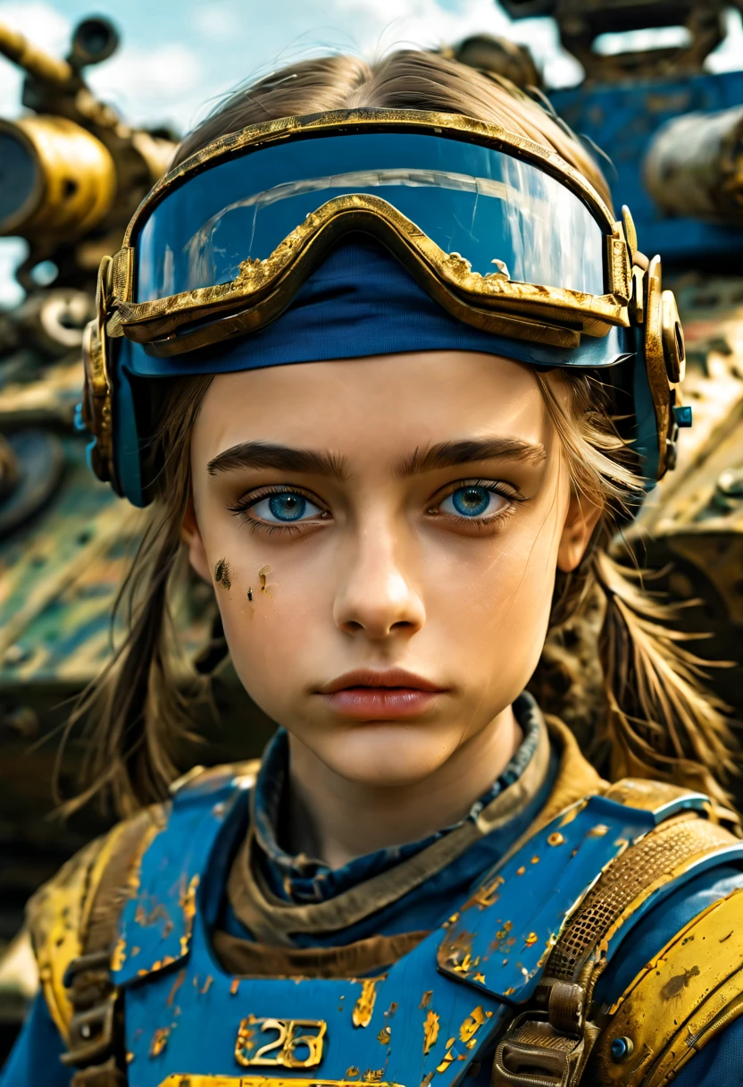 1 girl, 13 year old perfect likeness of Dasha Teran SDXL wearing blue and gold vaultgirl. Goggle, clothing torn, girl clothes and faces are dirty from battle. petite and slim, small girl, short girl, fine detailed eyes, weapons slung over shoulders, leaning against a war vehicle, dented and rusty. , professionally color graded, professional photography, well drawn, masterpiece, hyper realistic, ultra detailed, high quality, best quality, 4k, 8k, hi resolution, very young girl, young face, cute, beautiful, ((NSFW、realistic)), 