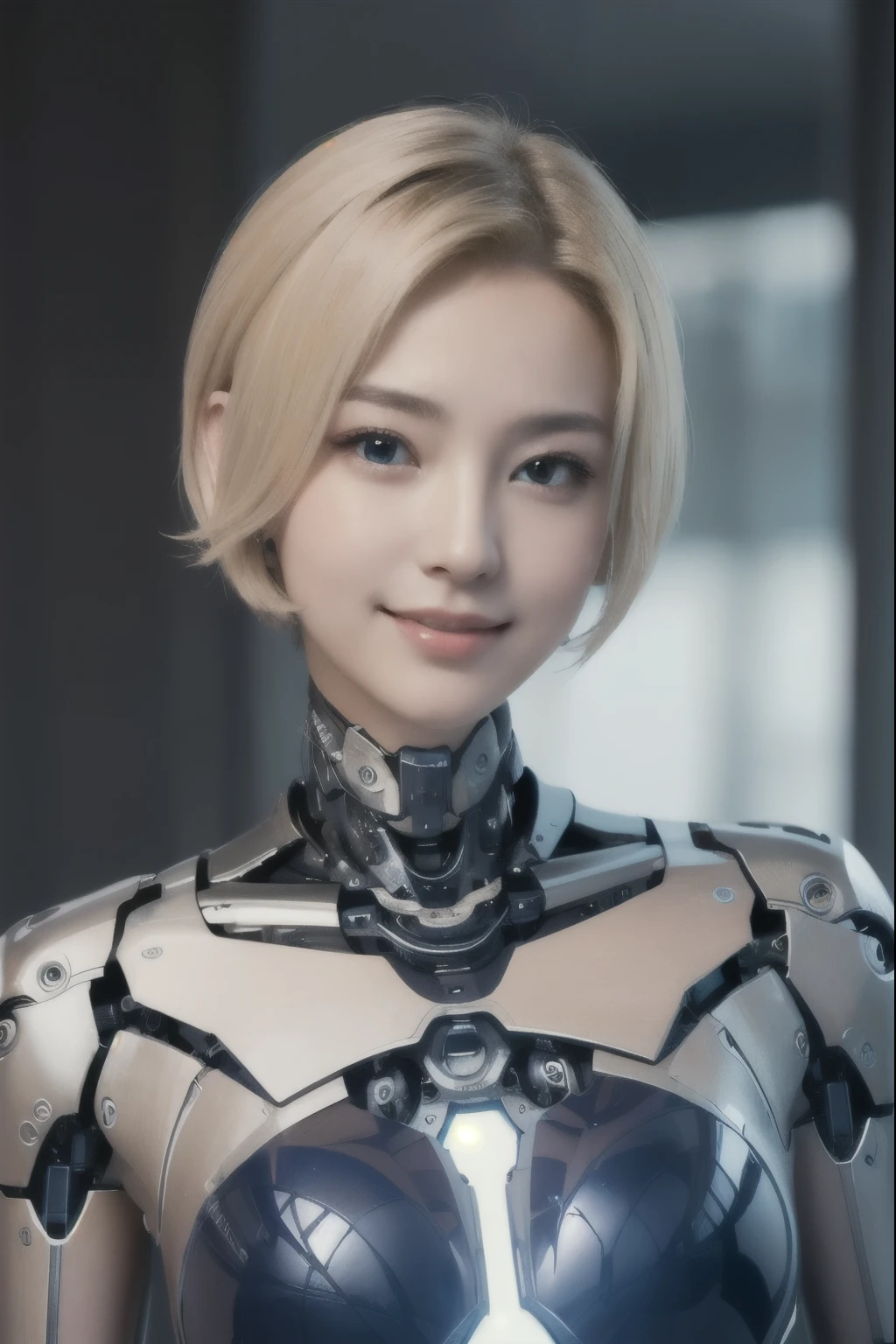 ((Perfectly beautiful woman))、(detailed mechanical body)、(((Human face and neck, cyborg body)))、smile、(((I can see all the way to my toes)))、Blonde shorthair、blue glowing eyes