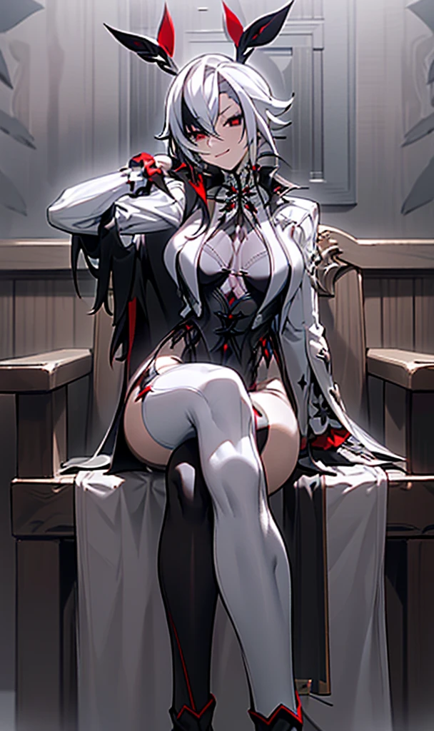 NSFW, ((Masterpiece, best qualtiy))，arlecchino, arlecchino from genshin impact, exquisitedetails，Fine background，Delicate light，Ray traching，Perfect texture，one-girl，White shirt，Black super shorts，Black band on upper body，Strangle，leg loops，Black stockings，black military boots，Red pupils，Glowing pupils，Exquisite facial features，long leges，Elaborate Eyes，Disdainful eyes，evilsmile，Gloomy environment, voluptuous figure，Big breasts and thin waist，Tall guy，抖S，Royal Sister，full body shot shot，Be red in the face，White skin, white hair，Red pick dye，Only a pair of rabbit ears，Narrowing of the skin，Strangulation，mitts，Black clothing，Foot shot，Seductive action，inside in room，sit on chair，Hold your cheeks with both hands，Look down，Positive perspective，Show the legs，Show feet，Show feet，blackstockings，Erlang legs，Wearing military boots on his feet，Show off your shoes，Reasonable limb position