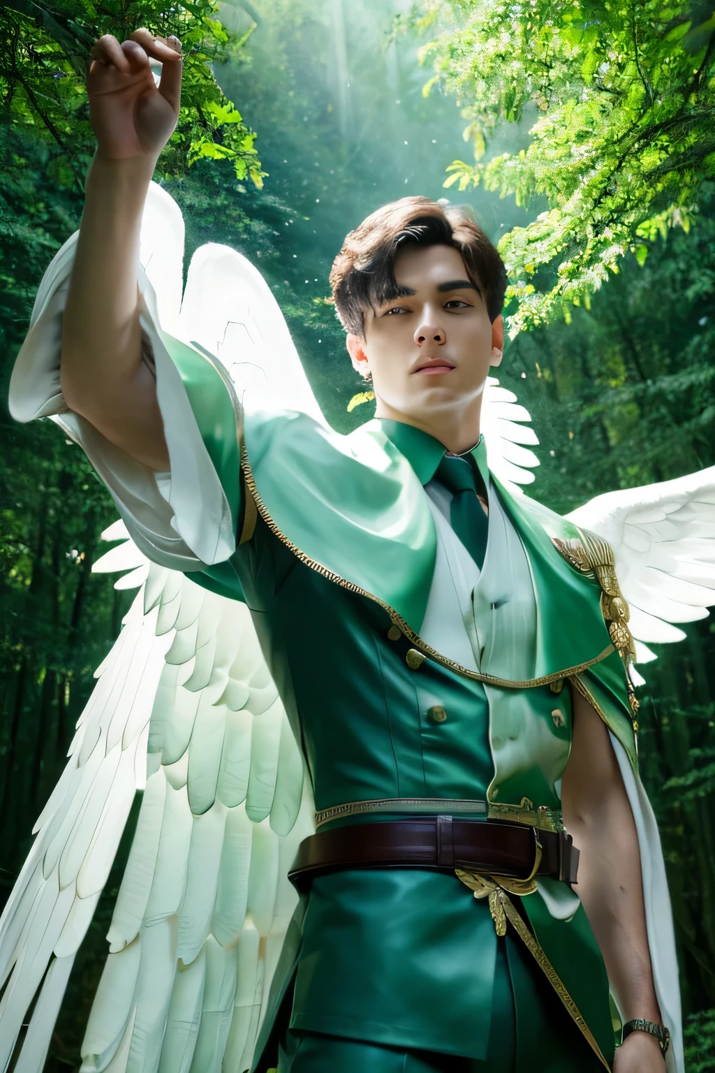 in the middle of the forest, A male archangel with white wings opens his arms to embrace. in close-up、Reveals the upper body decorated with an emerald chiton, illuminated by soft front light. A leather belt adds an accent to your special outfit.. The view from below、A fantastic scene captured from an upward angle gazing at the archangel.、It's an exquisite composition。, A true masterpiece of art nestled in a magical forest