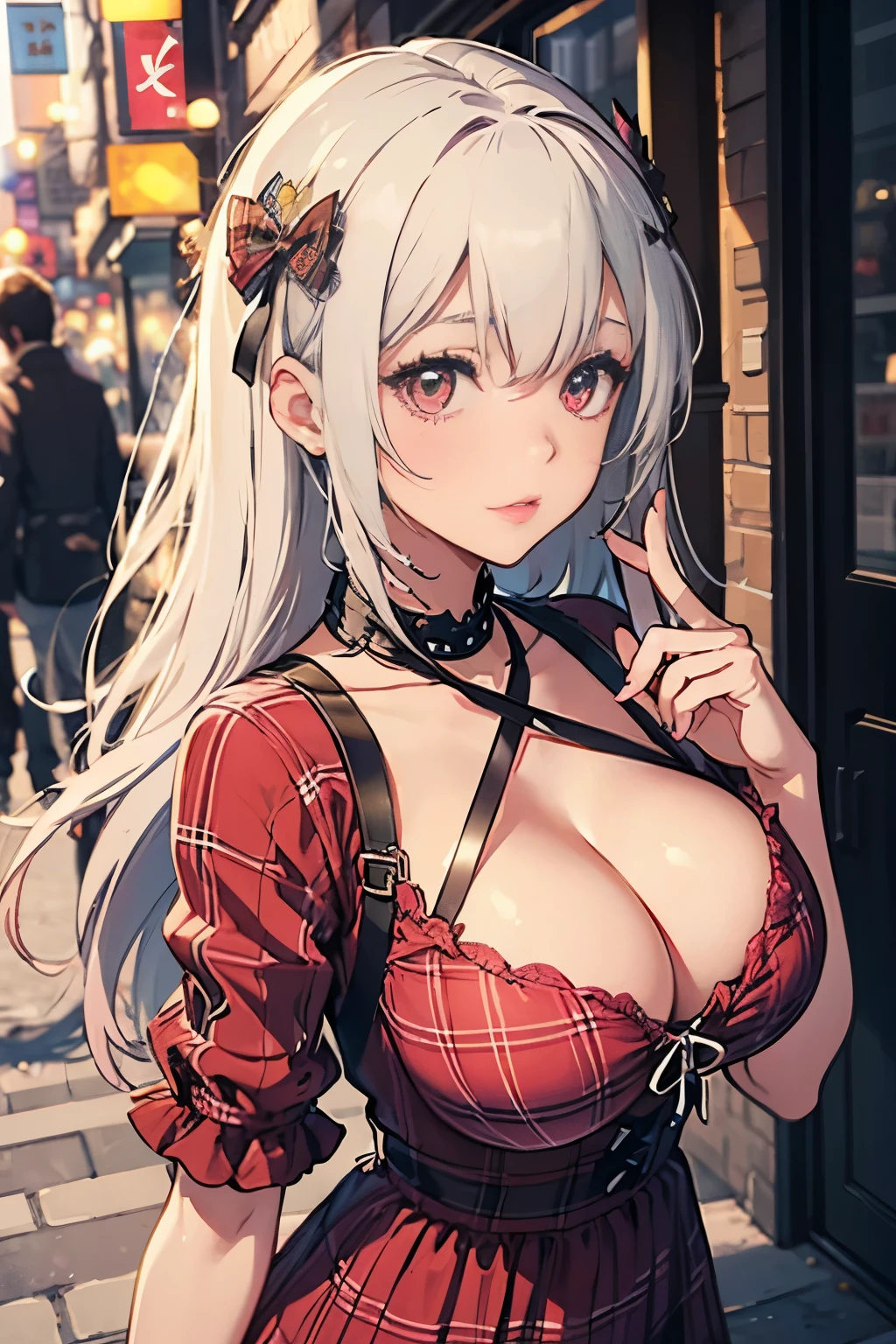 Beautiful woman, sparkling eyes, false eyelashes, pink lips, big and full breasts, two arms, Thumb and four fingers, anatomically correct fingers, detailed description, Plaid ruffle dress, Outing, Casual style, Outstanding style, ribbon, 