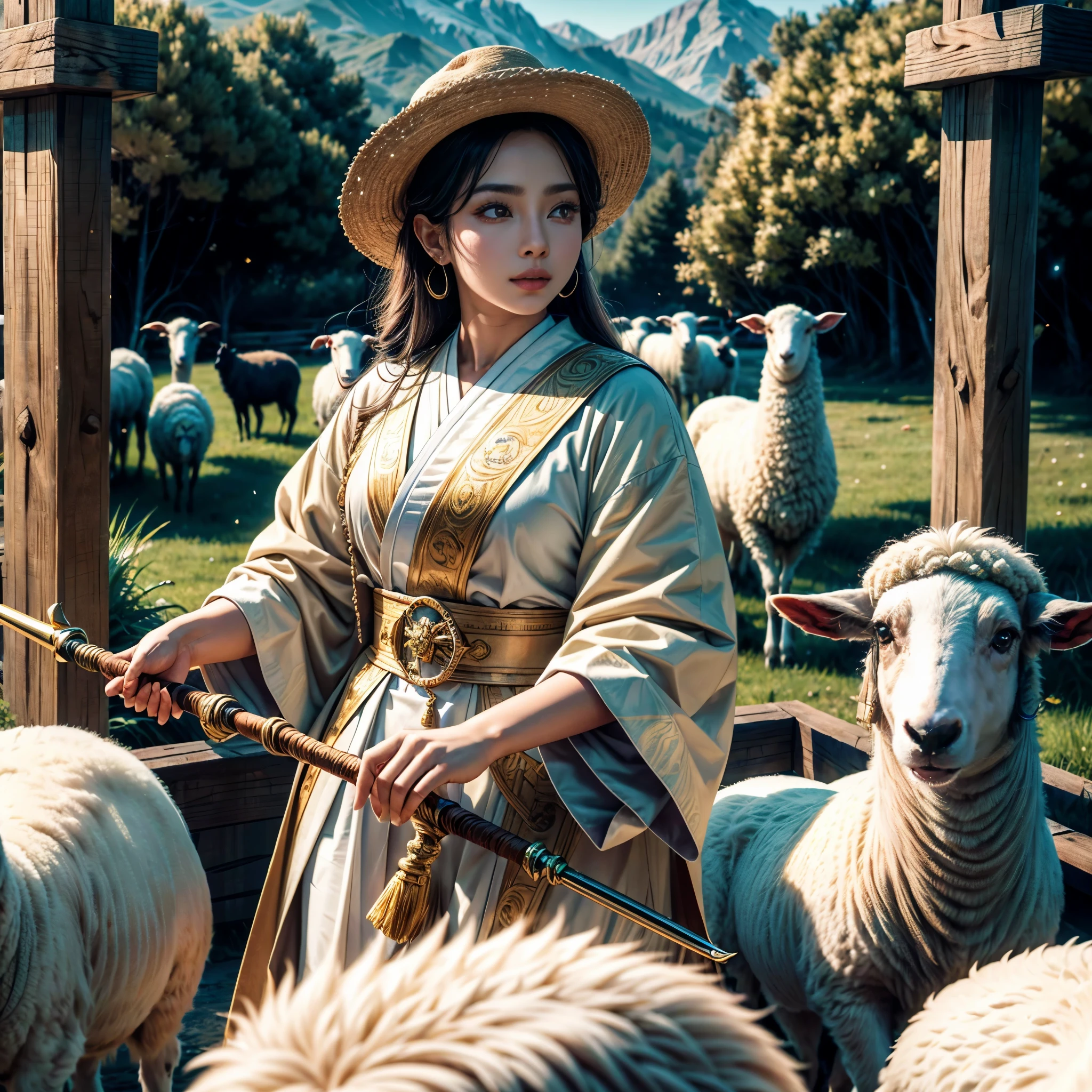 (best quality,4k,8k,highres,masterpiece:1.2),ultra-detailed, Sumerian Goddess Lahar, pr1y4nk4, dressed in shepherd's robes, shepherd's staff, watching over the sheep, drawn in the style of Yoshitaka Amano, HDR, 8k, absurdres, cinestill 800, sharp focus, add_detail:2