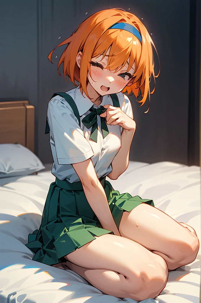 Nakano Yotsuba、bangs、short hair、short bob、eyes are blue、hair between eyes、hair ribbon、hair band、orange hair、Skirt、school clothes、green skirt、white shirt、short sleeves、get excited、I can see the nipples、I'm not wearing pants、small breasts、small breasts、open your legs、Close your eyes a little、open your mouth a little、Rough breathing、Completely naked、Uniform half-taken off、lift up the skirt、sleeping in bed、sitting on the bed、Touching the nipple with your fingers、I can see your breasts、Sweat、Full body soaked、stick out tongue、Expression of feeling、Touching the nipple with your hand、blush、reach、I can see your breasts、private parts visible、play with nipples、オーガズムにreach、small areola、squirt、Breathing is rough、Stimulate the clitoris with your fingers、I can see your pussy、Flipped skirt、Convulsive climax、I'm scared、Nipple masturbation、Clitoral masturbation、Half-taken skirt