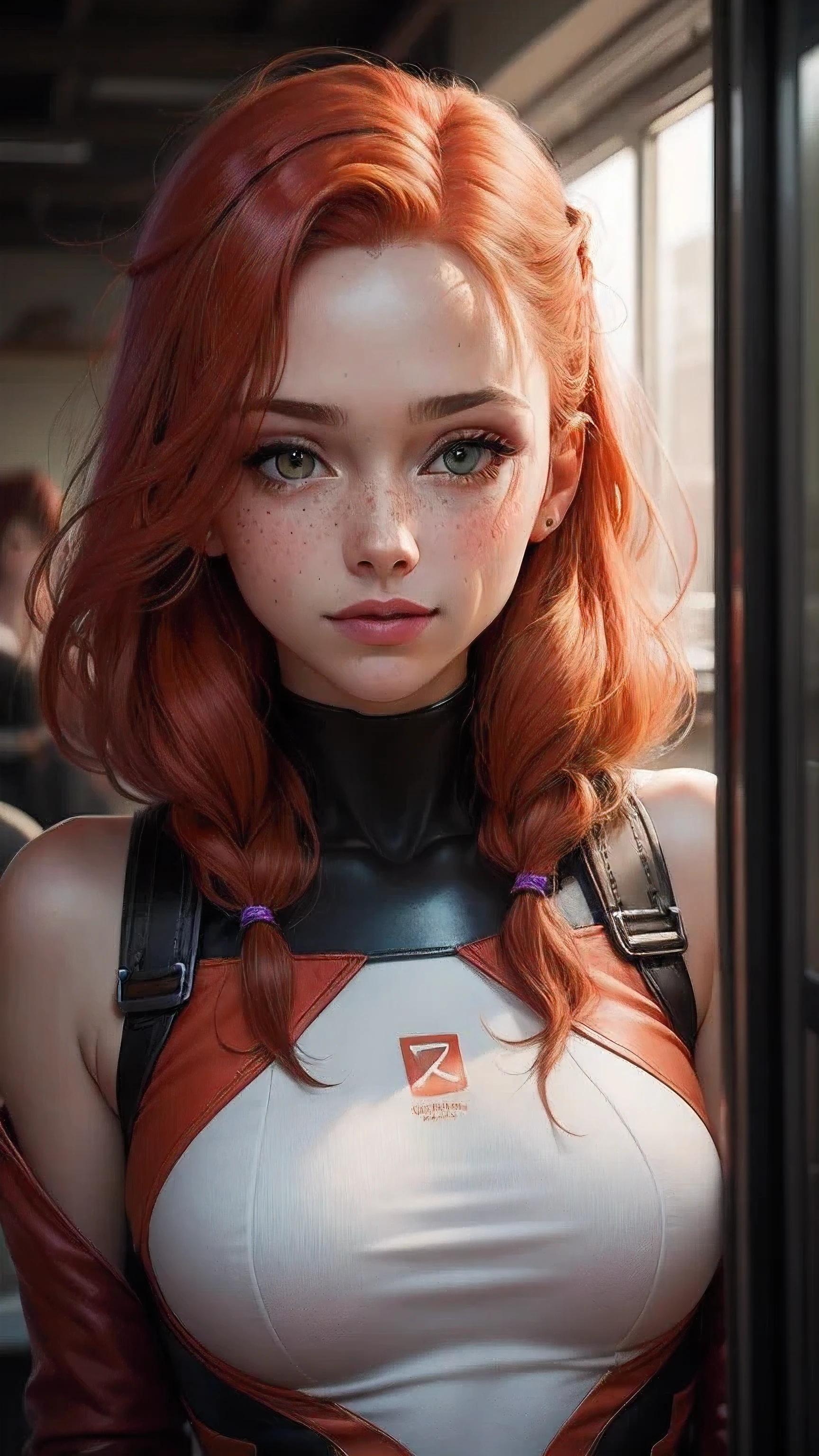 gwen tennyson,trazador,Samus,Rebecca Chambers,Supervision,gundam,1 chica,de cerca,Piloto Mecha,Puerto espacial,Uniforme mecha,Marina espacial,Pirate Corset, Top blanco de lycra de manga larga,leggins blancos,cabello corto,maquillaje de guerra,ojos verdes,pelo naranja,reflejos en el cabello blanco,shy smile,pecas,pelirrojo,hermosa chica,pechos grandes,ultra detallado,Realista,fantasy art, Redhead woman with freckled hair and leather jacket, ginger hair with freckles, red hair and freckles, light freckles, young redhead woman, young redhead, light pretty freckles, very light freckles, woman with freckles, soft freckles, pale and freckled skin, portrait of a beautiful model, with freckles, touch of freckles, woman with red hair, pretty freckles, up close