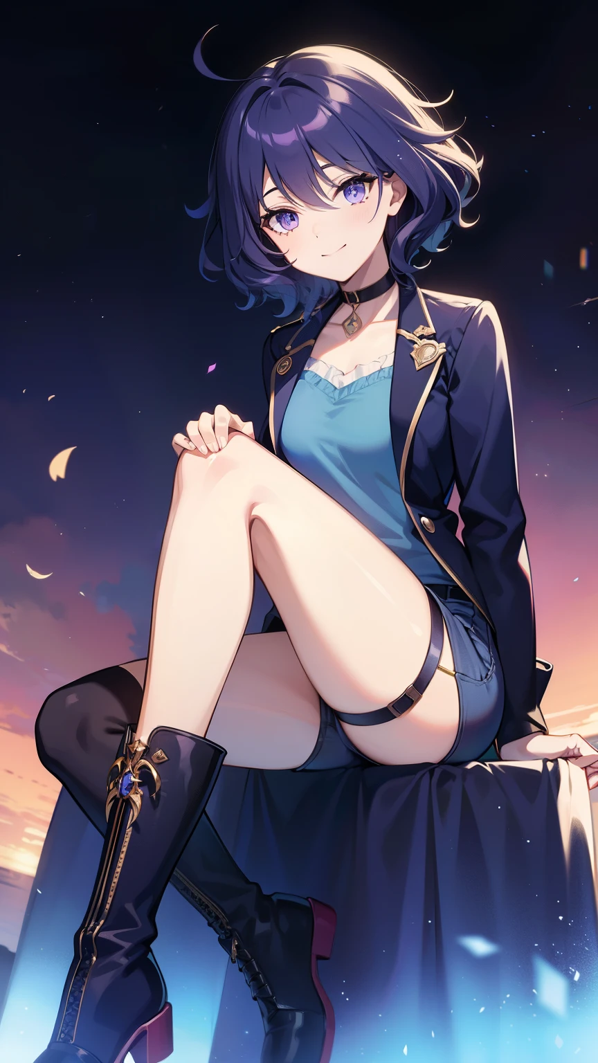 (high-quality, breathtaking),(expressive eyes, perfect face) 1female, girl , solo, teenager, short hair length, thick hair, wavy curly hair, soft wave, black purple hair color, blue and purple highlights in hair, pink eye color, blue and purple background, music, gentle smile, beautiful background, jacket, blouse, shorts, stockings, boots, modern punk attire, fun personality
