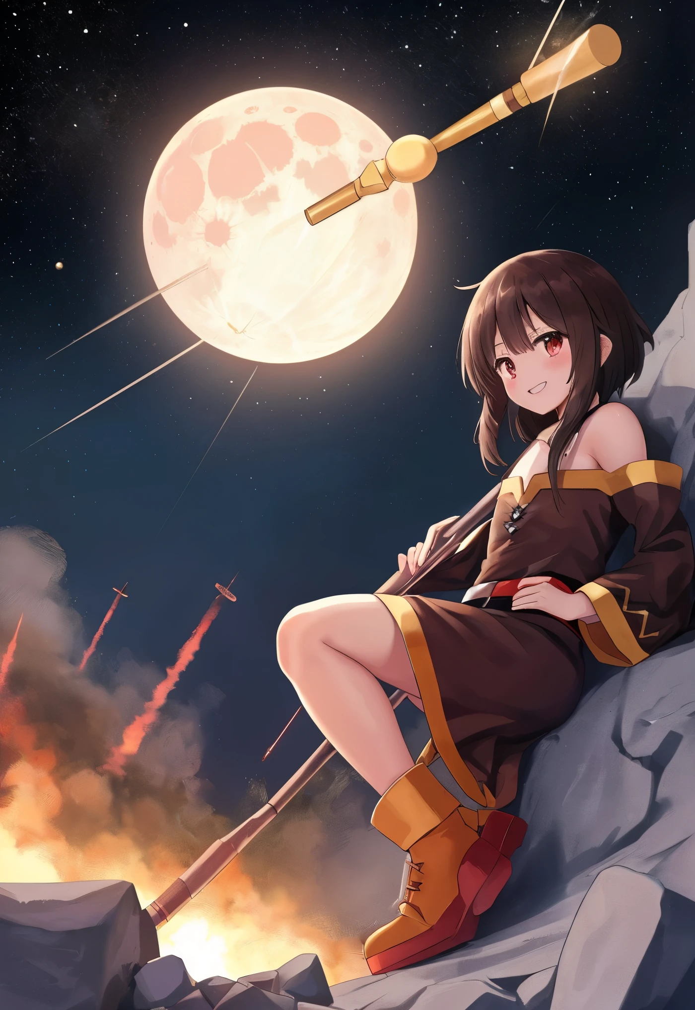 Megumin always dreamed of going to the moon. She was fascinated by the stars and the planets, and wanted to see them up close. She also wanted to test the limits of her explosion magic, and see how it would work in space. One day, she got the chance to join a space mission, along with her friends from Konosuba. They boarded a rocket, and flew to the moon. Megumin was overjoyed to see the lunar landscape, and the earth from afar. She put on her space suit, and stepped out of the rocket. She looked around, and saw a perfect spot for her experiment. She raised her staff, and shouted "Explosion!" with all her might. A huge blast erupted from the tip of her staff, creating a crater on the moon. Megumin smiled, and fell to the ground, exhausted. She had just made history, as the first person to cast explosion magic on the moon.