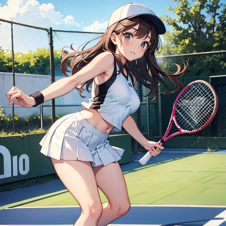 Tennis girl with medium sized breasts wearing super short tennis skirt and tennis hat holding nothing