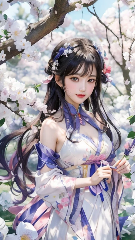 Anime girl in white dress standing in flower field, 绫香Genshin冲击, official artwork, 《Genshin》Keqing in, Beautiful anime portrait, Hestia, style, 《Genshin》Zhongli in, Detailed digital animation art, Hungry Ghost Festival, anime goddess, beautiful anime girl, 绫香游戏Genshin冲击