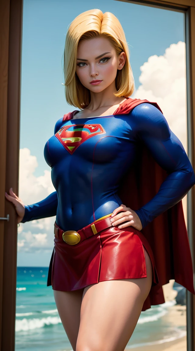 Android 18, ( foto corpo inteiro ), terno Supergirl, red cape, S do super man no peito, blue swimsuit, Red skirt, botas vermelhas, (decote), loira do cabelo curto, seios enormes, Athletic body, peitos grande muito sedutor, pose sedutora, sorridente, fofo, muito fofo, Ultra High Definition, master part, Ultra alta qualidade, detalhamento ultra, 8k, na praia, pose sexy, extremely high quality, high resolution, 1080P, disco Rigido, 4k, 8k, 16k, (muito detalhado), realista, 8k, Cinema 4D, Artgerm extremamente detalhado, [ Arte Digital 4K ]!!