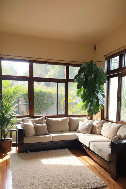(best quality:1.0),(ultra-high resolution:1.0),cozy indoor background,large French windows,some potted plants,gently sunlight shining into the room,a clean carpet on the floor,no need for sofas or chairs