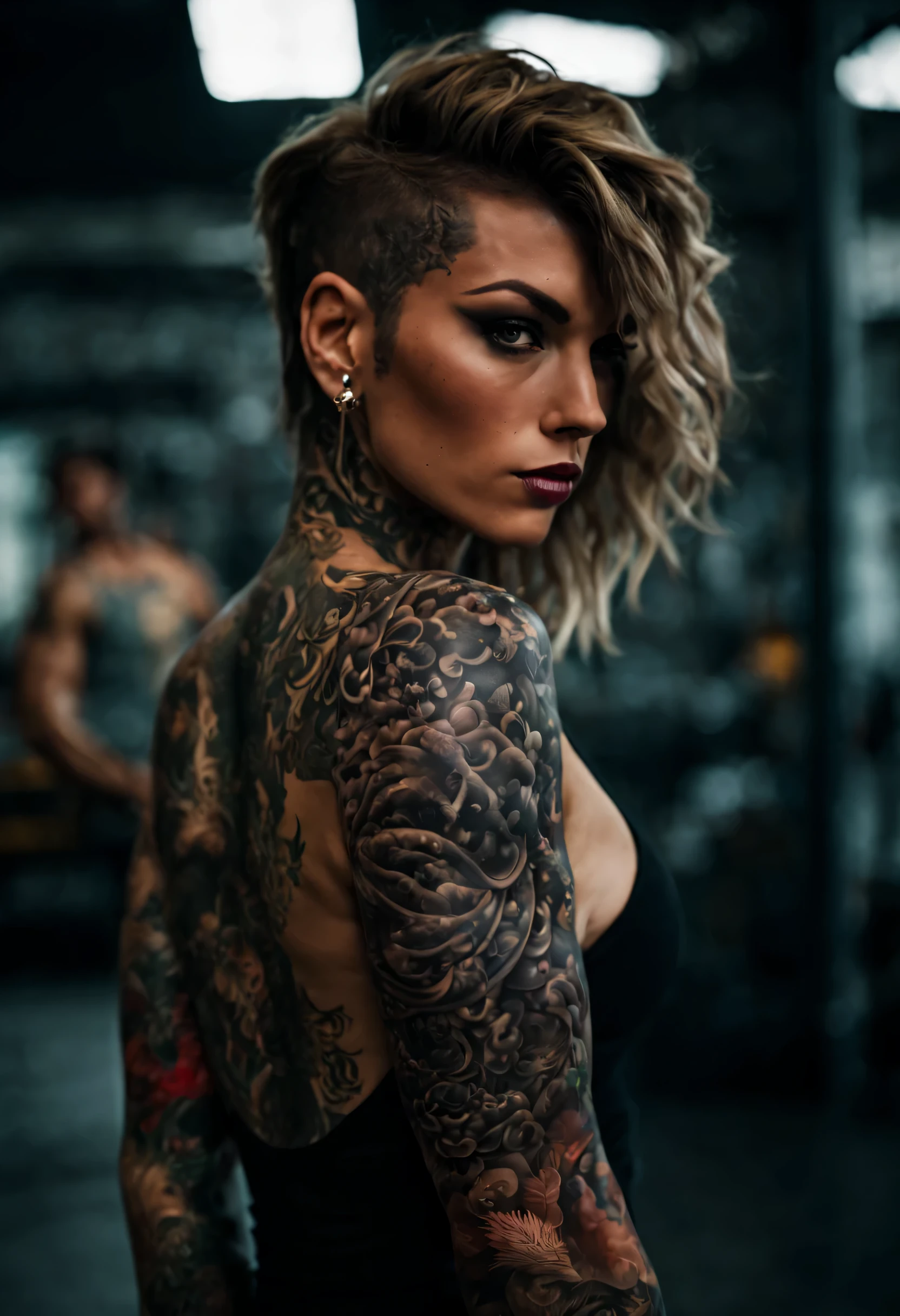 cinematic photo  Hyperrealistic art a woman with tattoos on   body, nekro borja, fully tattooed body, muscular body tattooed, tattooed woman, scarlet johansen,  ,   tattooed body, heroic masculine pose, ben mauro, chris achilleos, aaron sims, zyzz, michael maurino . 35mm photograph, film, bokeh, professional, 4k, highly detailed