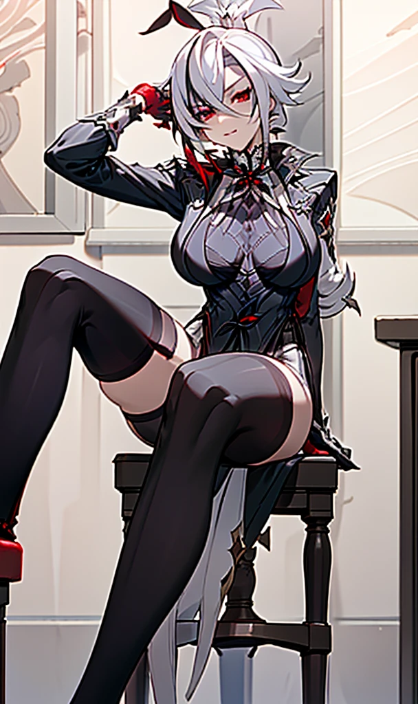 NSFW, ((Masterpiece, best qualtiy)),arlecchino, arlecchino from genshin impact, exquisitedetails,Fine background,Delicate light,Ray traching,Perfect texture,one-girl,White shirt,Black super shorts,Black band on upper body,Strangle,leg loops,Black stockings,black military boots,Red pupils,Glowing pupils,Exquisite facial features,long leges,Elaborate Eyes,Disdainful eyes,evilsmile,Gloomy environment, voluptuous figure,big tits, Big breasts and thin waist,Tall guy,抖S,Royal Sister,full body shot shot,Be red in the face,White skin, white hair,Red pick dye,Only a pair of rabbit ears,Narrowing of the skin,Strangulation,mitts,Black clothing,Foot shot,Seductive action,inside in room,sit on chair,Hold your cheeks with both hands,Look down,Positive perspective,Show the legs,Show feet,Show feet,blackstockings,Erlang legs,Wearing military boots on his feet,Show off your shoes,Reasonable limb position