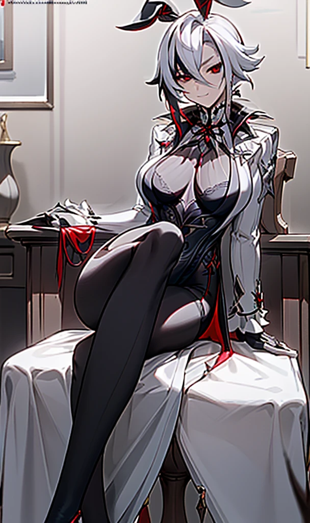 NSFW, ((Masterpiece, best qualtiy))，arlecchino, arlecchino from genshin impact, exquisitedetails，Fine background，Delicate light，Ray traching，Perfect texture，one-girl，White shirt，Black super shorts，Black band on upper body，Strangle，leg loops，Black stockings，black military boots，Red pupils，Glowing pupils，Exquisite facial features，long leges，Elaborate Eyes，Disdainful eyes，evilsmile，Gloomy environment, voluptuous figure，big tits,  Big breasts and thin waist，Tall guy，抖S，Royal Sister，full body shot shot，Be red in the face，White skin, white hair，Red pick dye，Only a pair of rabbit ears，Narrowing of the skin，Strangulation，mitts，Black clothing，Foot shot，Seductive action，inside in room，sit on chair，Hold your cheeks with both hands，Look down，Positive perspective，Show the legs，Show feet，Show feet，blackstockings，Erlang legs，Wearing military boots on his feet，Show off your shoes，Reasonable limb position