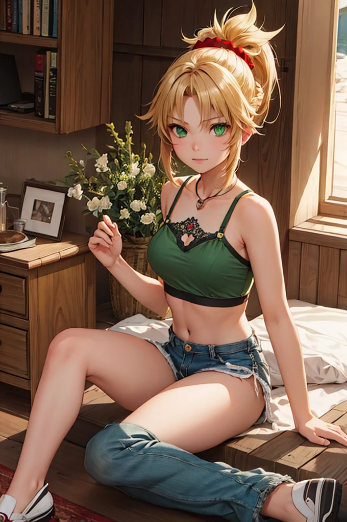 1 girl, fgomordred, modred, (green eyes:1.5), blonde hair, ponytail, short hair, scrunchie, red scrunchie, hair scrunchie, (small chest:1.2), BREAK blonde hair, denim, short camisole, red camisole, bustier, sexy bustier, sitting ,BREAK looking at viewer, BREAK bed, BREAK (masterpiece:1.2), best quality, high resolution , unity 8k wallpaper, (artwork: 0.8), (beautiful detailed eyes: 1.6), extremely detailed face, perfect lighting, extremely detailed CG (perfect hands, perfect anatomy),