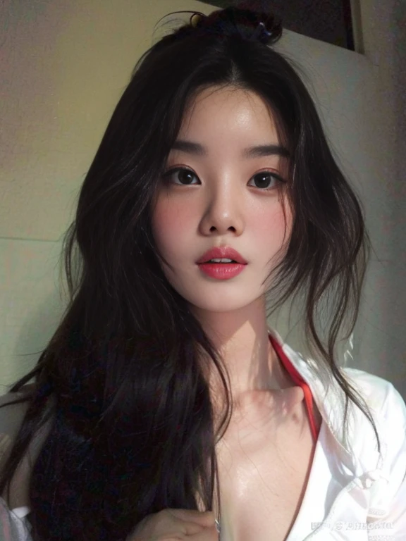 Um close-up de uma mulher com cabelos longos vestindo uma camisa branca, Southeast Asian with round face, Menina coreana, Linda mulher sul-coreana, asian face, asian features, jennie blackpink, jovem asian face pálido e bonito, Ulzzang, cruel korean goth girl, beautiful asian girl, beautiful aesthetic face, Young and adorable Korean face, with very thin lips, Asian girl