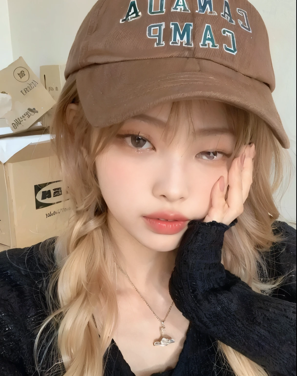 A close-up of a person wearing a sweater and necklace, ulzzang, Lalisa Manobal, el corte de hime, shikami, Lalisa Manoban de Blackpink, retrato realista kawaii, flequillo esponjoso, sakimichan, peinado de corte hime blanco, vibraciones de anime, chica linda-cara-fina, bella delfina, cabello con flequillo blanco