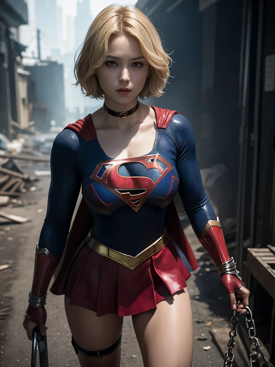 masterpiece、Short-haired Supergirl in chains、big and full breasts、look at the camera、shiny costume、tattered clothes、injury、mini skirt、choker
