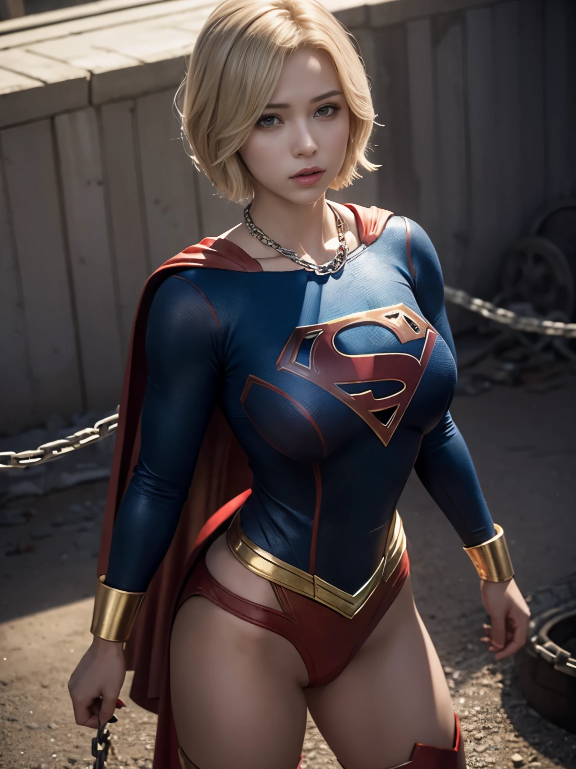 masterpiece、Short-haired Supergirl in chains、big and full breasts、look at the camera、shiny costume、tattered clothes、injury、injury