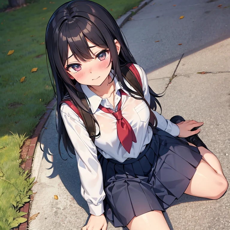 School girl with school uniform blushing while on the ground