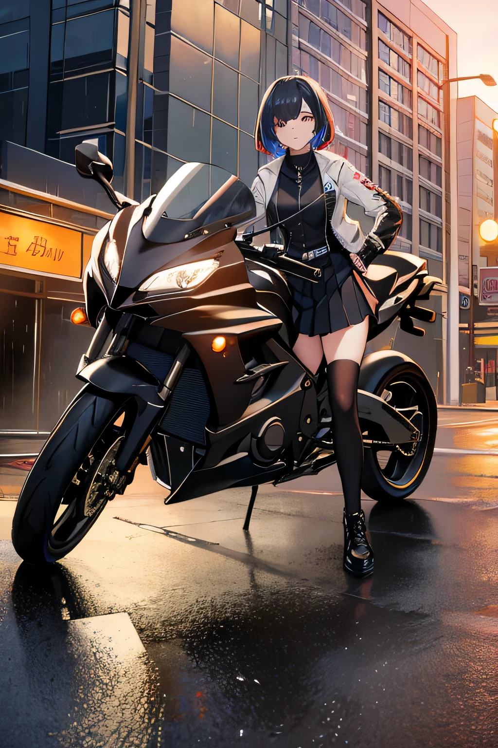 1 girl, skirt, jacket, rain, groundvehicle, helmet, Mecha, motorcycle, motorcycle, on motorcycle, vehicle focus, wheel, night, road, street, rain, City, water puddles, 8k, Surrealism, lens flare, atmosphere, glow, detailed, complicated, full of color, normal lighting, Popular topics on Artstation, 4K, surreal, focus, extreme details, Unreal Engine 5, normal, masterpiece, best quality