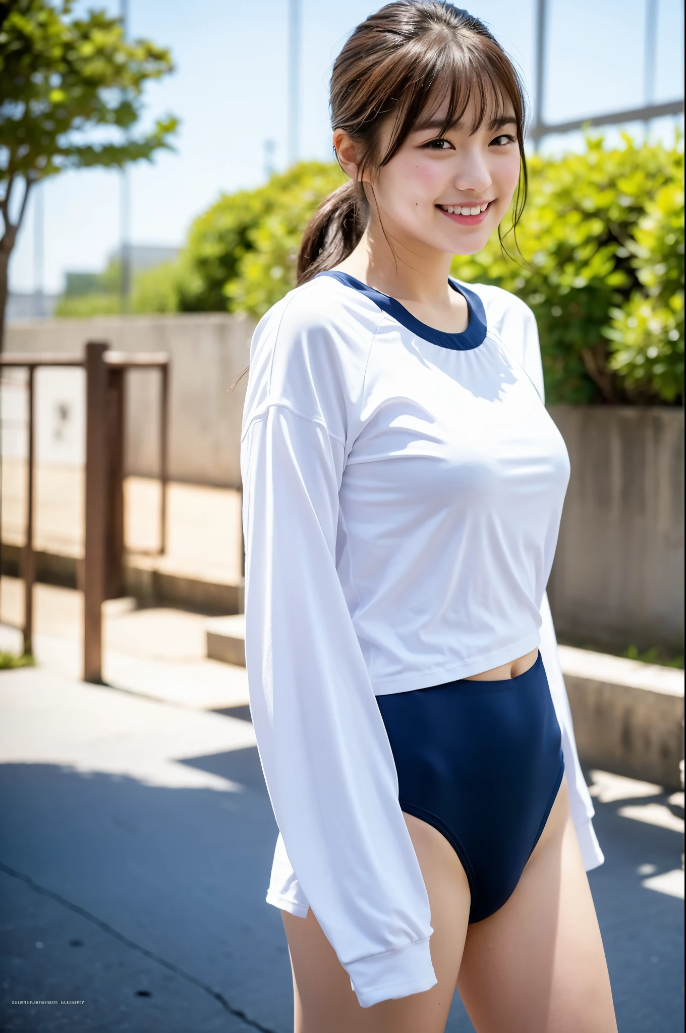 girl walking in school yard,long-sleeved white plain t-shirt over navy blue school swimsuit,18-year-old,bangs,a little smile,thighs,knees,short cut hair,low ponytail,from below,front-lighting