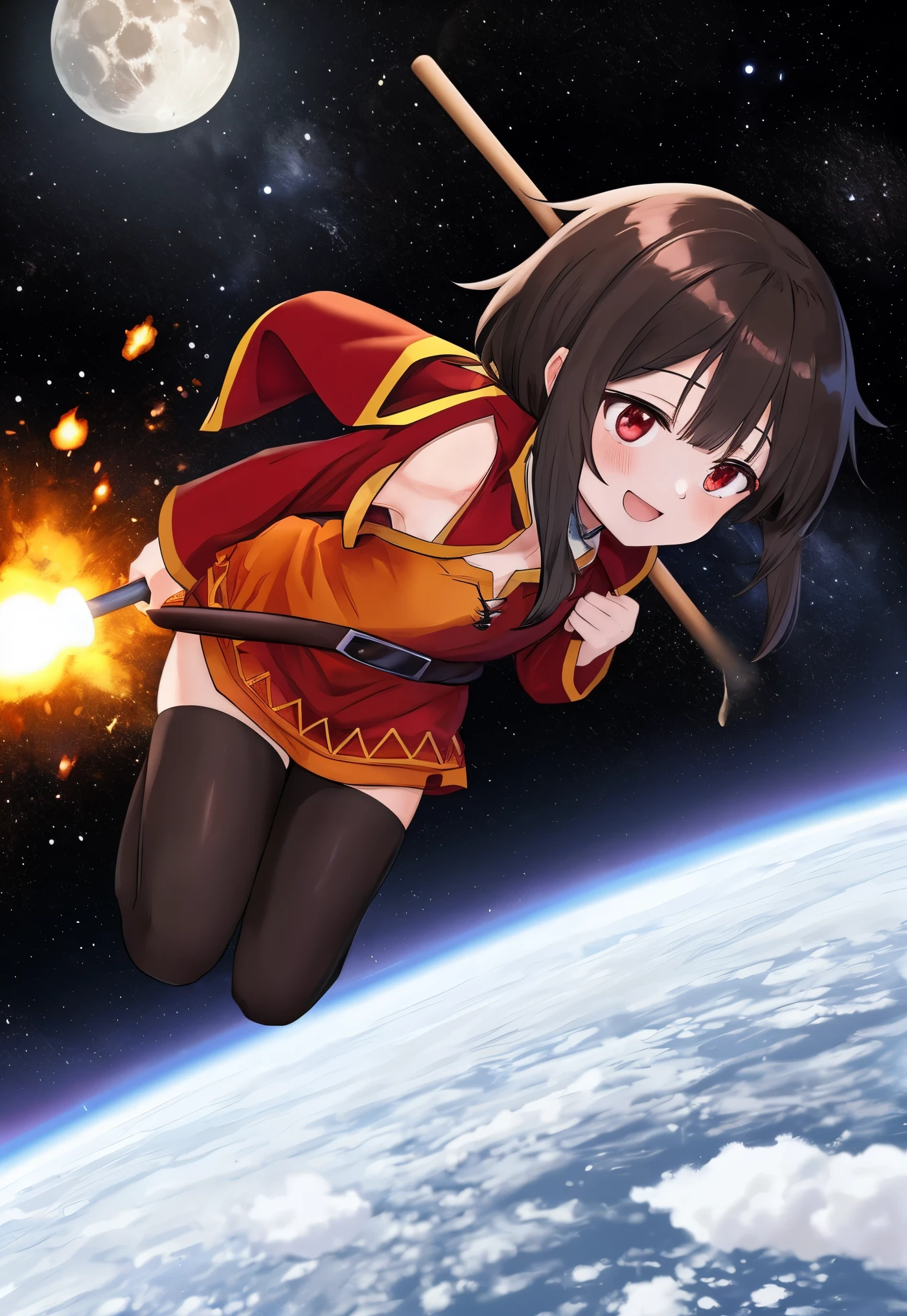 Megumin always dreamed of going to the moon. She was fascinated by the stars and the planets, and wanted to see them up close. She also wanted to test the limits of her explosion magic, and see how it would work in space. One day, she got the chance to join a space mission, along with her friends from Konosuba. They boarded a rocket, and flew to the moon. Megumin was overjoyed to see the lunar landscape, and the earth from afar. She put on her space suit, and stepped out of the rocket. She looked around, and saw a perfect spot for her experiment. She raised her staff, and shouted "Explosion!" with all her might. A huge blast erupted from the tip of her staff, creating a crater on the moon. Megumin smiled, and fell to the ground, exhausted. She had just made history, as the first person to cast explosion magic on the moon.