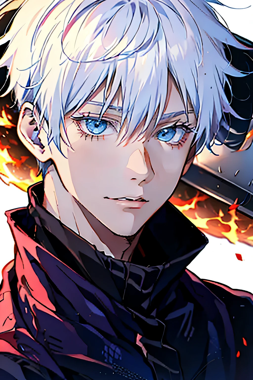 (absurdos, High resolution, Super detailed, HDR), masterpiece, NSFW, highest quality, jujutsu kaisen, gojo satoru, Only one person during the battle, good looking, short hair, gray hair, bright blue eyes, small eyes and small face, (((fire, Telephone, On my back)) armor, ((Complex weapons)). Final Fantasy, abs, bad pose, 剣を握る手を持つanime boy, Anime Pose Fighting, Anime hombre good looking, anime male characters, Badass Anime 8K, detailed anime character art, HDR Anime McManus Anime Concept, anime boy, Ikuto Yamashita, soft art CG animation, sleeve 4k wallpaper, Inspired by Hiro Yamagata, Anime Waraper