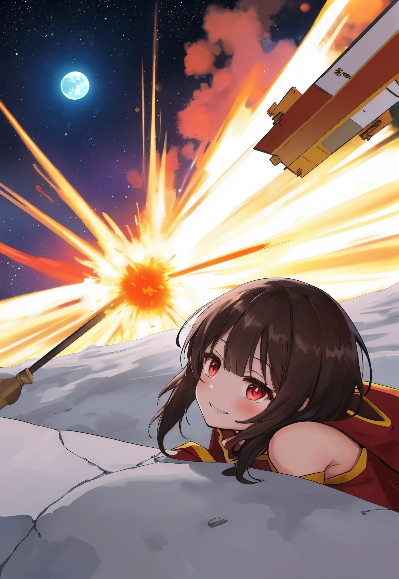 Megumin always dreamed of going to the moon. She was fascinated by the stars and the planets, and wanted to see them up close. She also wanted to test the limits of her explosion magic, and see how it would work in space. One day, she got the chance to join a space mission, along with her friends from Konosuba. They boarded a rocket, and flew to the moon. Megumin was overjoyed to see the lunar landscape, and the earth from afar. She put on her space suit, and stepped out of the rocket. She looked around, and saw a perfect spot for her experiment. She raised her staff, and shouted "Explosion!" with all her might. A huge blast erupted from the tip of her staff, creating a crater on the moon. Megumin smiled, and fell to the ground, exhausted. She had just made history, as the first person to cast explosion magic on the moon.