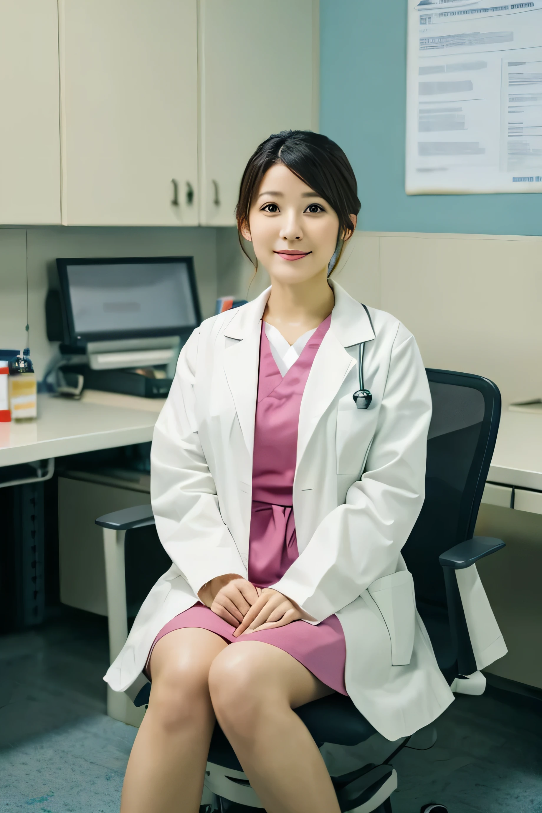 Asian female doctor in a white coat sitting on a chair facing the front in an examination room
