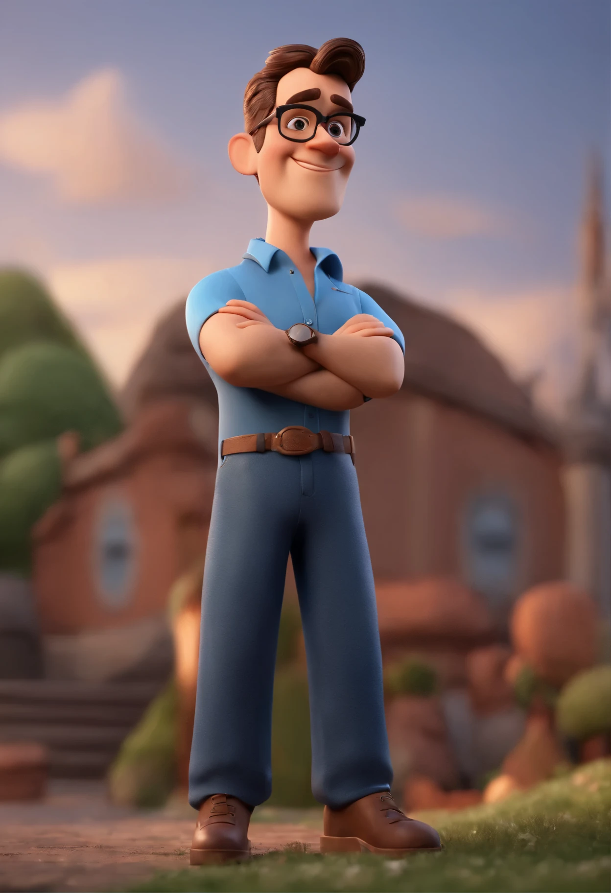 Cartoon character of a man wearing black glasses and a blue shirt, um personagem animado, Caractere estilizado, animation style rendering, 3D estilizado, Arnold Maya render, 3 d render stylized, toon render keyshot, Personagem 3D, Personagem 3D, 3d rendering stylized, 3 d character render, personagem de desenho animado, Personagem de close up, Pose de personagem, (Estilo Pixar) (master part:1.2) (Bokeh) (best quality) (pele detalhada) (textura detalhada) (8k) (argila) (Cinematic lighting) (foco nítido，Senta e vaza a parte superior do corpo