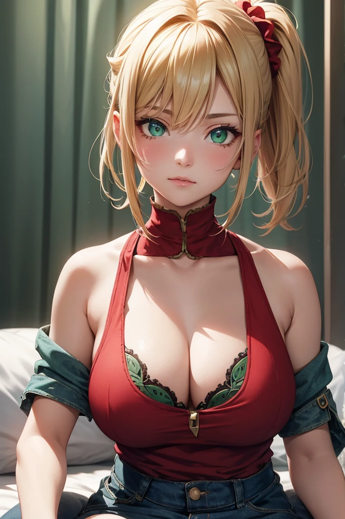 1 girl, fgomordred, modred, (green eyes:1.5), blonde hair, ponytail, short hair, scrunchie, red scrunchie, hair scrunchie, (big breasts:1.2), BREAK blonde hair, denim, red sleevelees shirt, sleevelees shirt, sexy sleeveless shirt, sitting ,BREAK looking at viewer, BREAK bed, BREAK (masterpiece:1.2), best quality, high resolution , unity 8k wallpaper, (artwork: 0.8), (beautiful detailed eyes: 1.6), extremely detailed face, perfect lighting, extremely detailed CG (perfect hands, perfect anatomy),