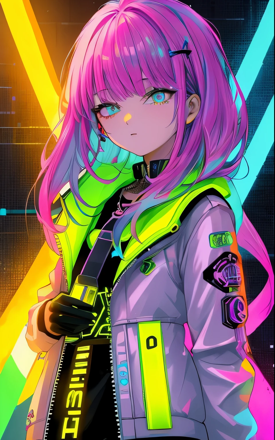 Una chica, obra maestra, Mejor calidad, ((cara detallada)), ((premiado)), (Alto detalle), afilado, 8k,color azúl neon, estilo cyberpunk, ((neon color)).