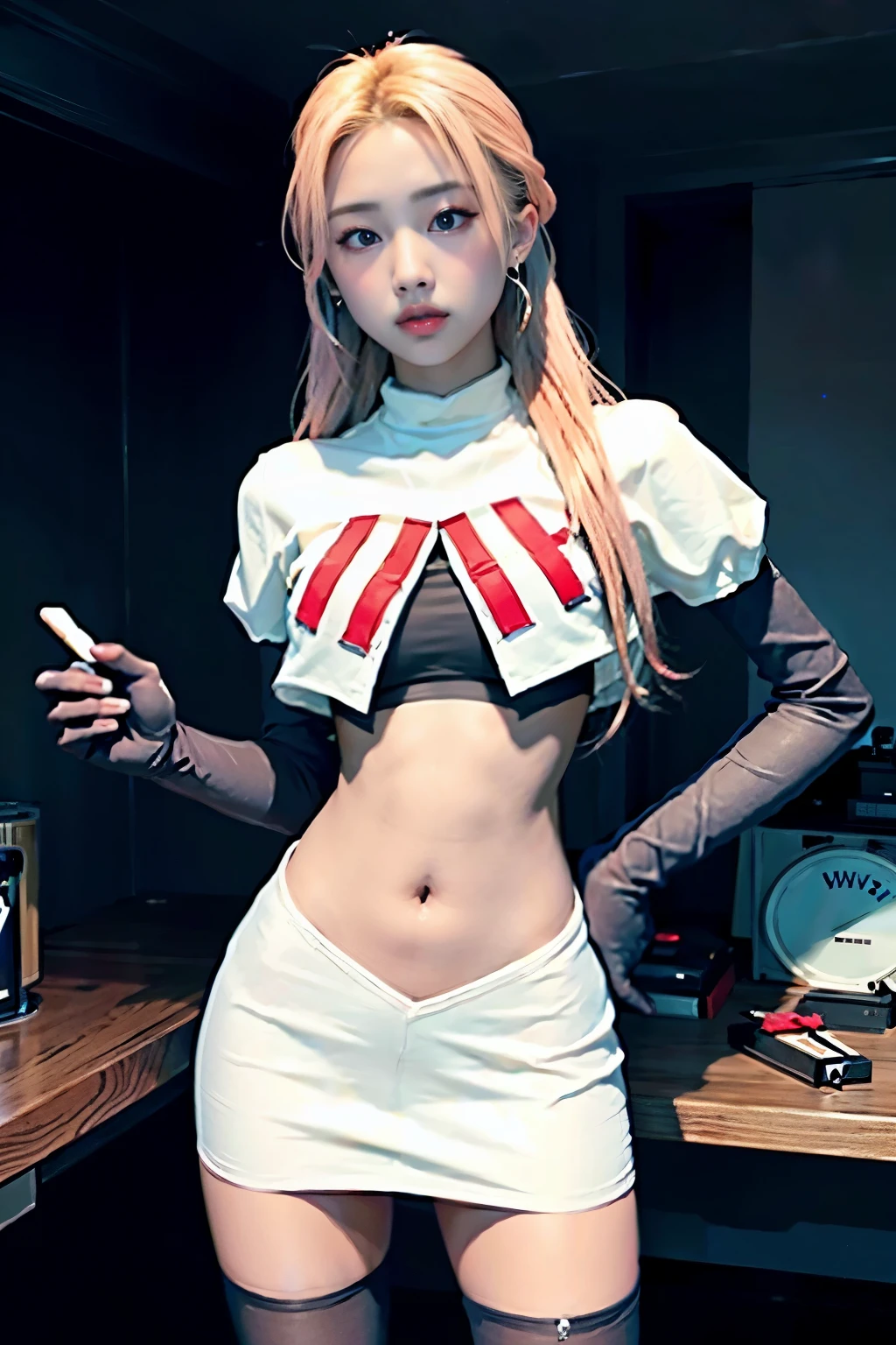 Vyvan , 
1Girl,  cinematic lighting, atmospheric depth, naturalistic, realistic, sexy, wearing team rocket,team rocket uniform,white skirt,red letter R,crop top,black thigh-highs,black elbow gloves,