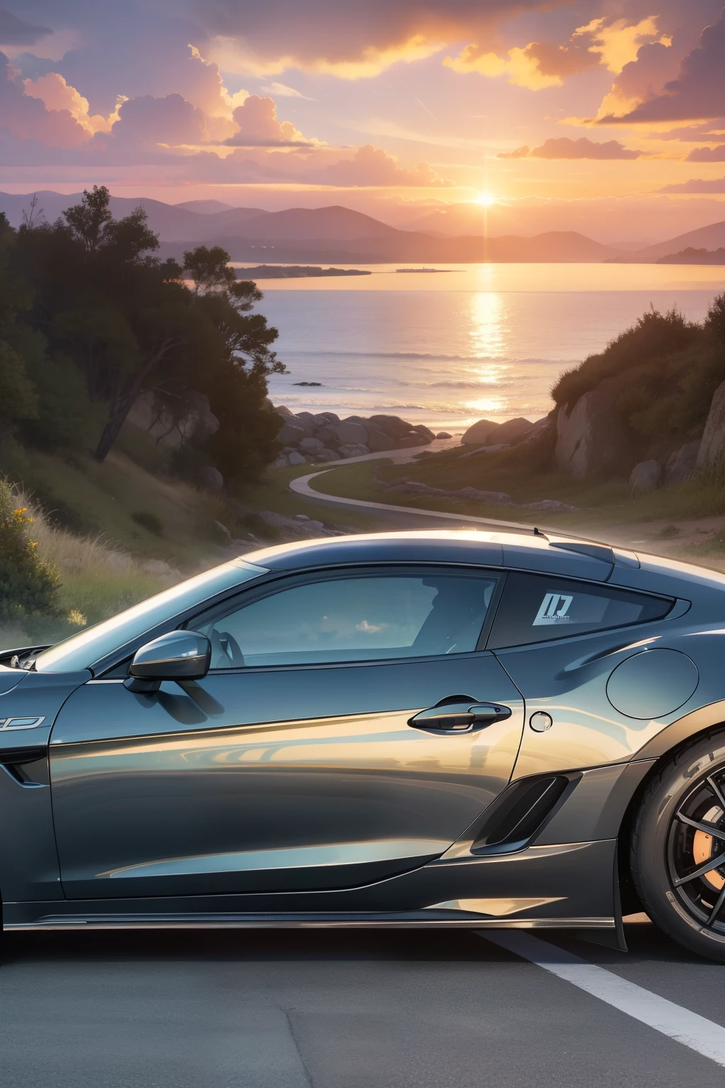 masterpiece, top quality, 16K UHD,
sitting in a driveway,
serene surrounding landscape,
blue car, shining, gleaming,
detailed engine, well-defined lines,
realistic reflection on the surface,
(sunset, orange and pink hues) --auto --s2