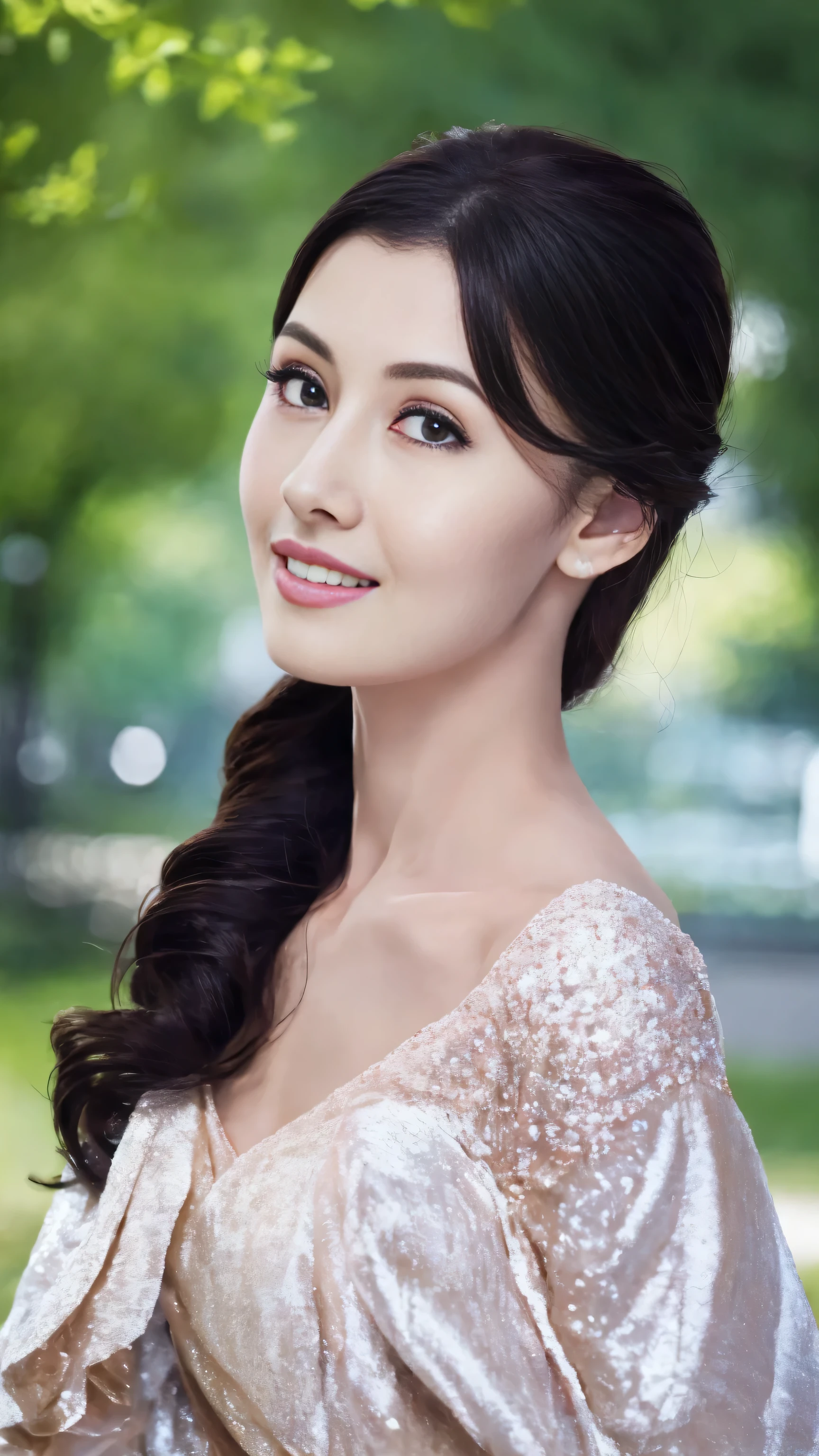 (8k、original photography、quality、masseter membrane:1.2)、super detailed、super resolution、(actual、real picture:1.37)、HD RAW color photography、Professional photography、hVery detailed and beautiful、Very detailed、8K picture wallpaper、Stunningly detailed、File size is large、official art、HVery detailed CG Unity 8k wallpaper HVery detailed womas、Handsome profile of a 20-year-old woman, Very nice eyes、highly refined skin、Very detailed nose、Very detailed的嘴巴、perfect anatomy、background、detailed clothing、White skin、glitter on the skin、A black-haired one、half length、a smile、lifelike face、exquisite eyes、sauce order、looking at camera、cowboy shooting、front、standing exercise posture、dynamic lighting,The background is outdoor，Green trees with flowers