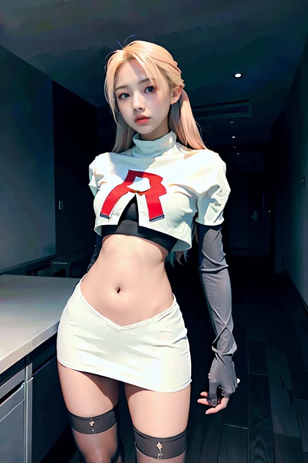 Vyvan , 
1Girl,  cinematic lighting, atmospheric depth, naturalistic, realistic, sexy, wearing team rocket,team rocket uniform,white skirt,red letter R,crop top,black thigh-highs,black elbow gloves,