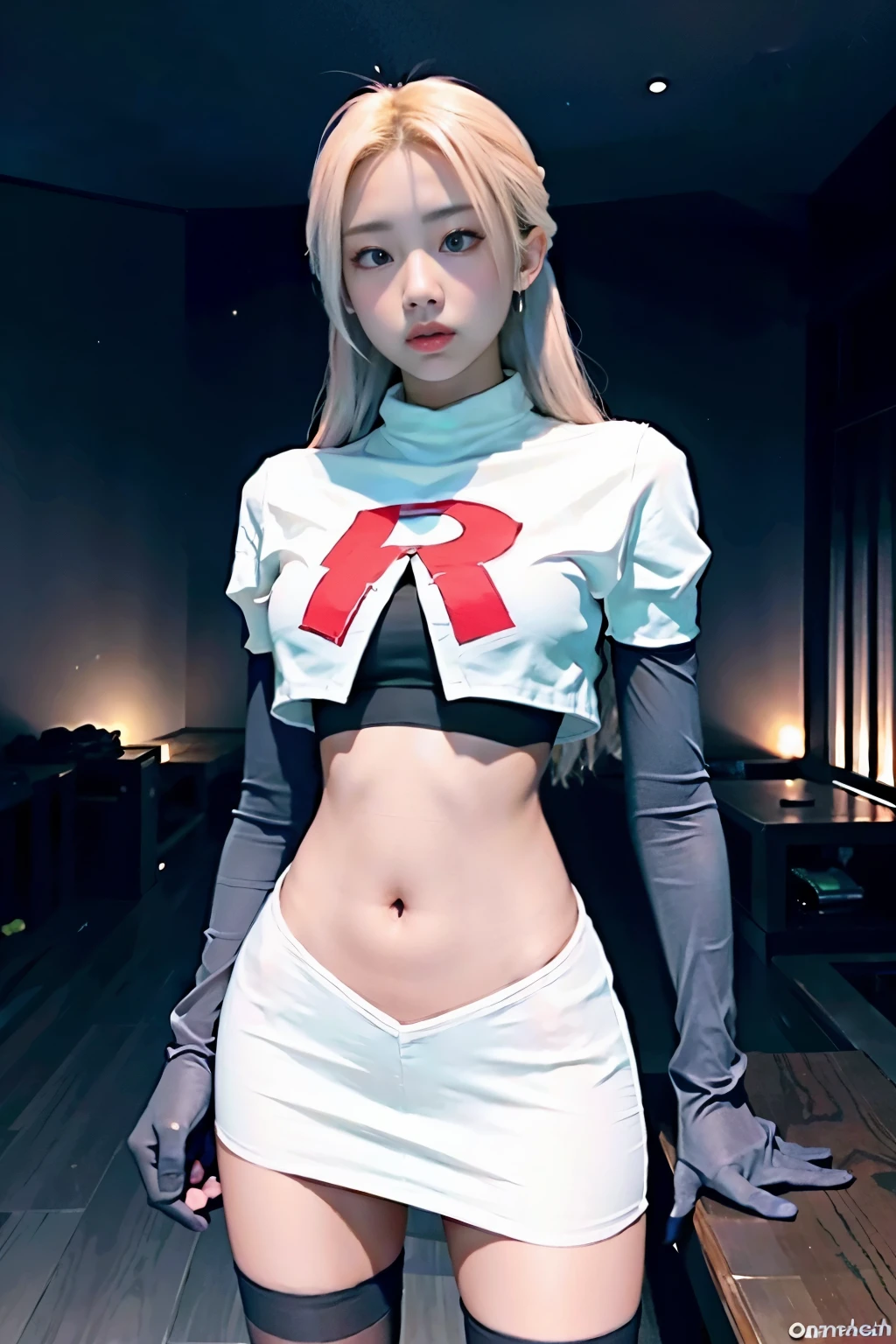 Vyvan , 
1Girl,  cinematic lighting, atmospheric depth, naturalistic, realistic, sexy, wearing team rocket,team rocket uniform,white skirt,red letter R,crop top,black thigh-highs,black elbow gloves,