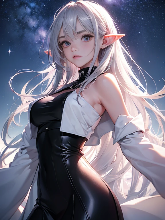 8K, highest quality, RAW photo, ultra high resolution silver blonde silver hair eyes are pink cool beauty beautiful butt thin eyebrows huge breasts 2 limbs alone beautiful nose Make the nose smaller droopy eyes glamorous mouth long coat of black color light reddish purple knit black leather long skirt snowfield Diamond dust Sparkling fantastic scenery Raise your hands and look up Panoramic shooting Less exposure elf ears