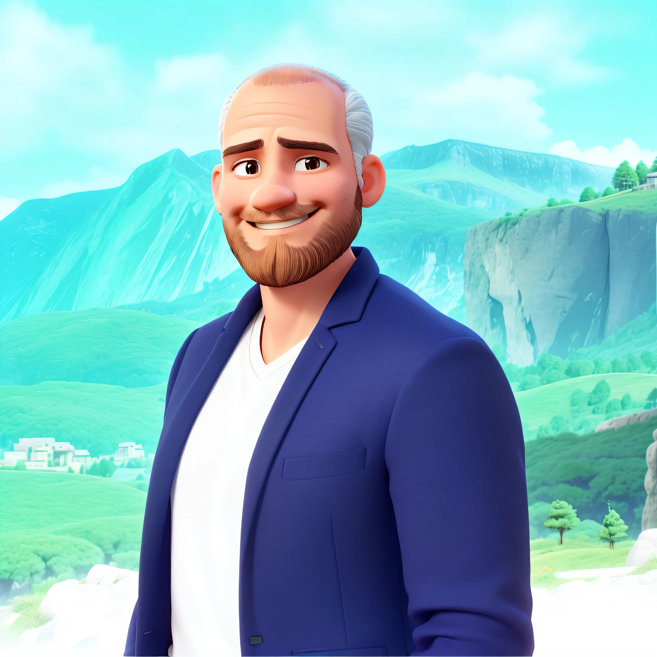 Homem leve com barba rala, sorridente, cabelinho quase careca, vestindo uma blusa branca com um blazer azul por cima com montanhas ao fundo